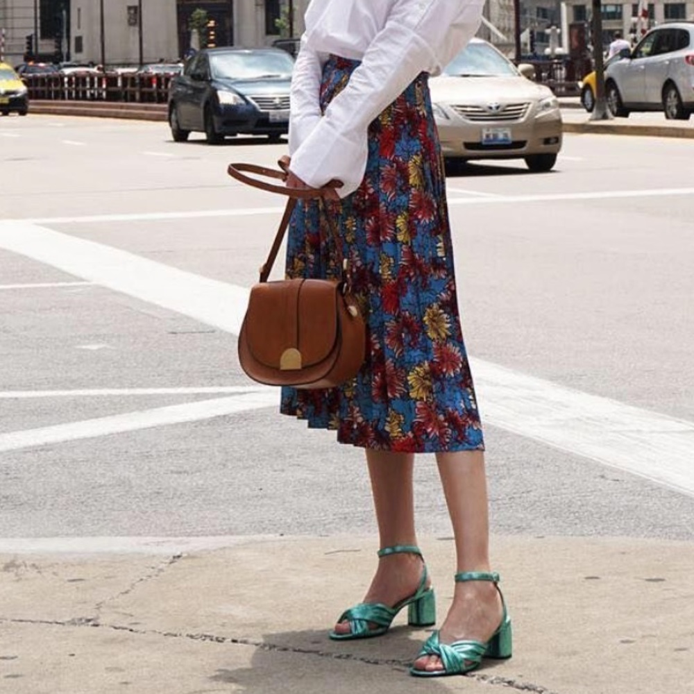 SOLD LITTLE MOON Blue Floral Olyra Pleated Skirt - Picture 1 of 4